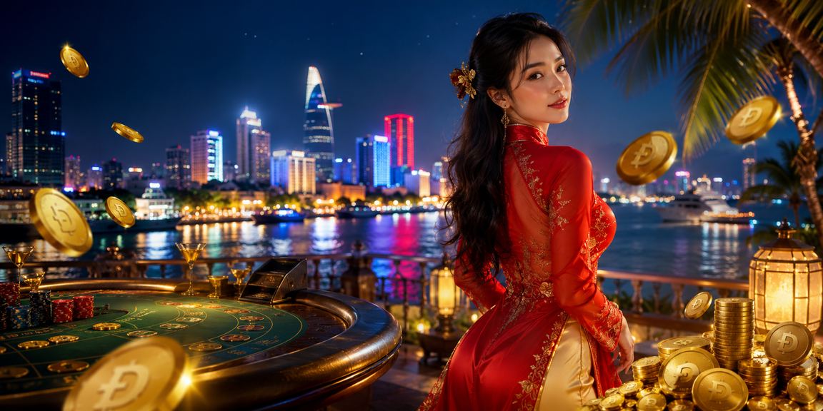 Bàn baccarat sang trọng tại TP. Hồ Chí Minh với dealer mặc áo dài trong không gian casino hiện đại